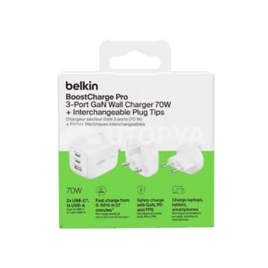 BELKIN Chargeur Secteur GaN 3 Ports 70W Avec Adaptateurs Voyage (Blanc) – Image 2